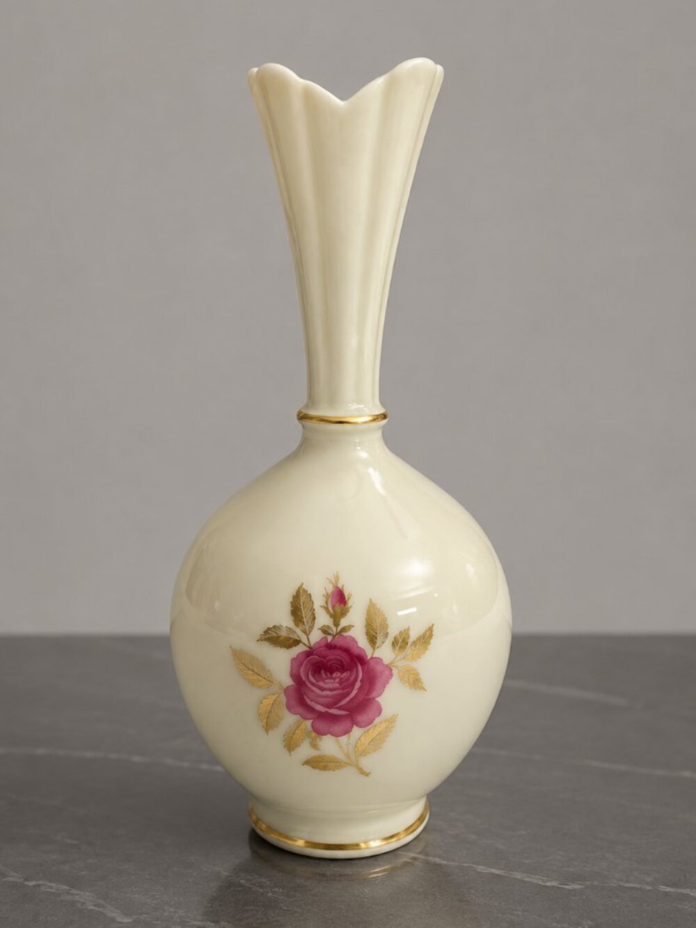 Vintage Lenox Rhodora 8" Porcelain Vase Pink Rose 24K Gold Made in USA